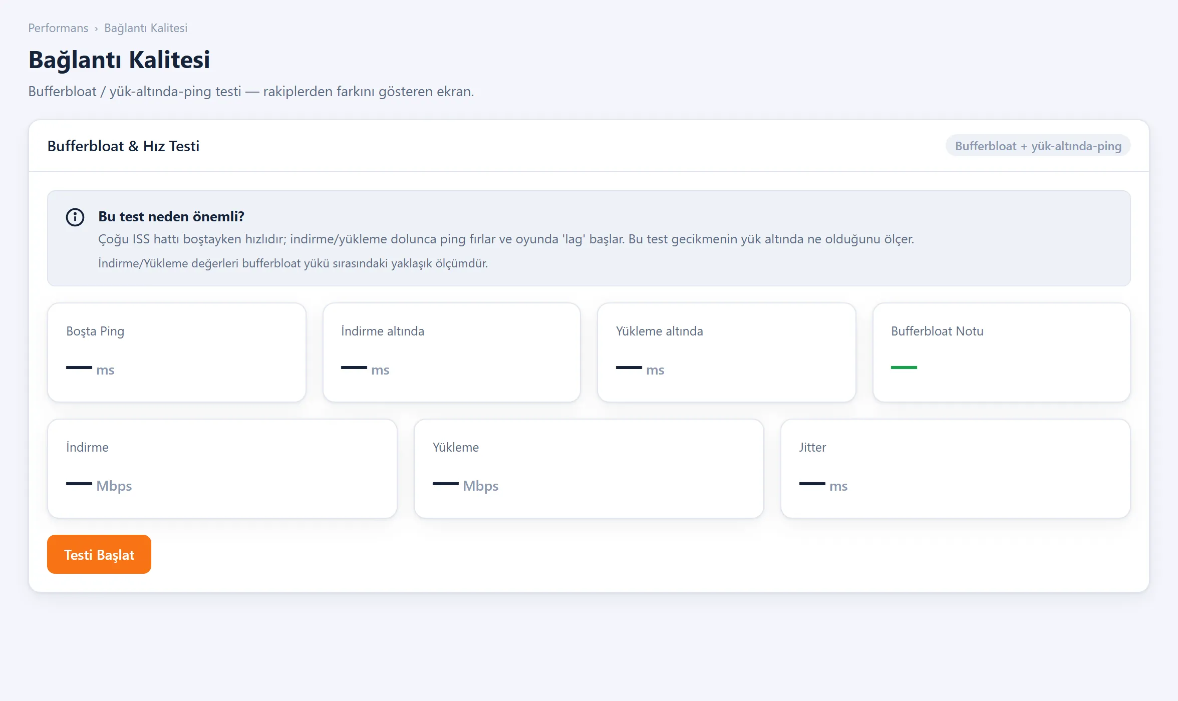 Panelin bağlantı kalitesi ve bufferbloat test ekranı
